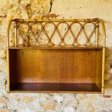 Vintage rattan and bamboo wall shelf with glass door cabinet, 1960s