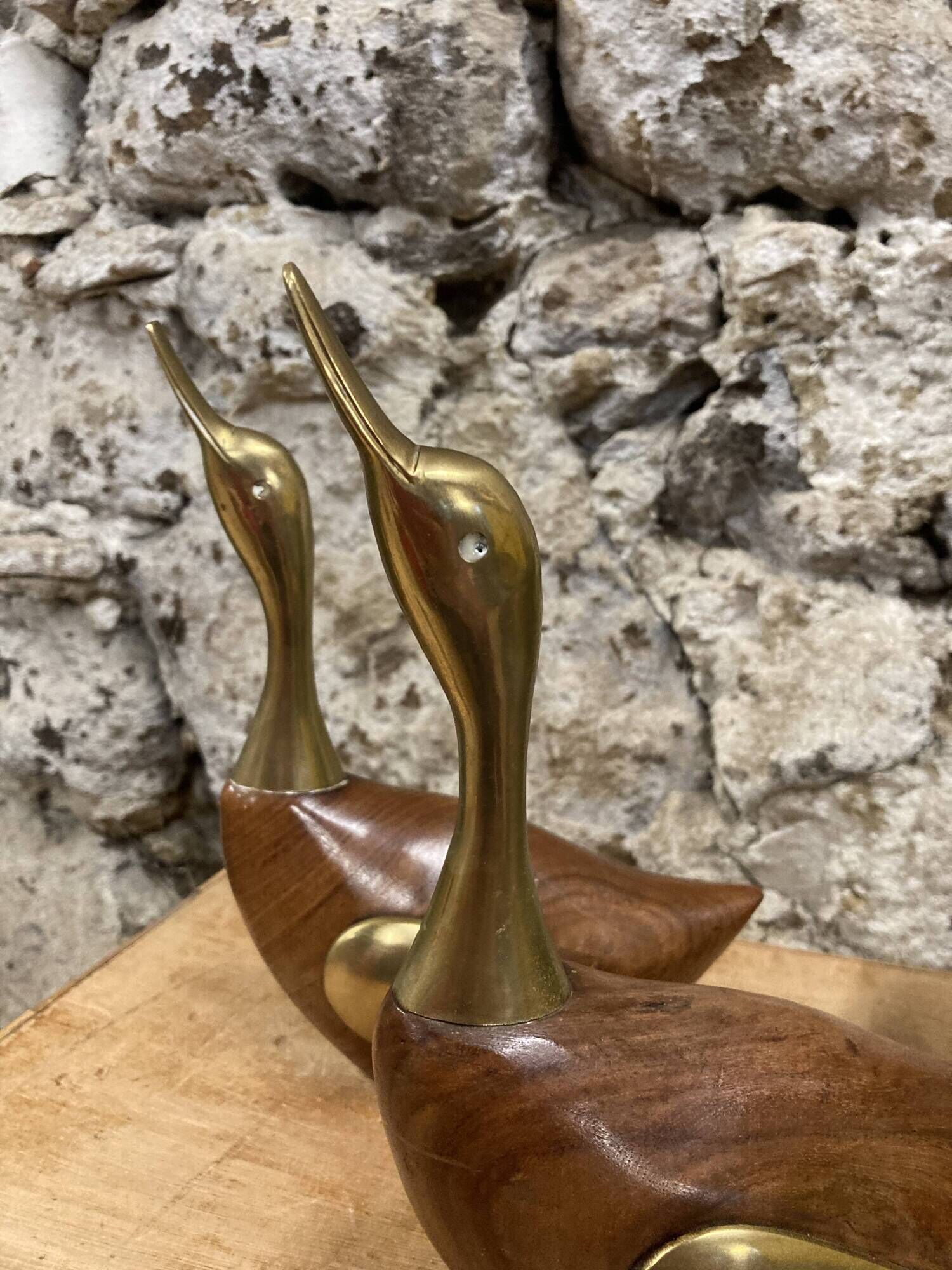 Pair of duck or swan in wood and brass sculpture