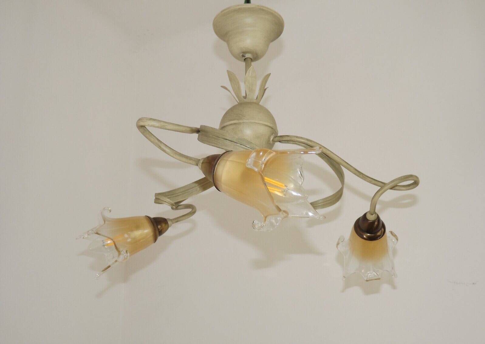 Stunning Italian Vintage 3 Light Tole Chandelier with Blown Glass Shades 4646