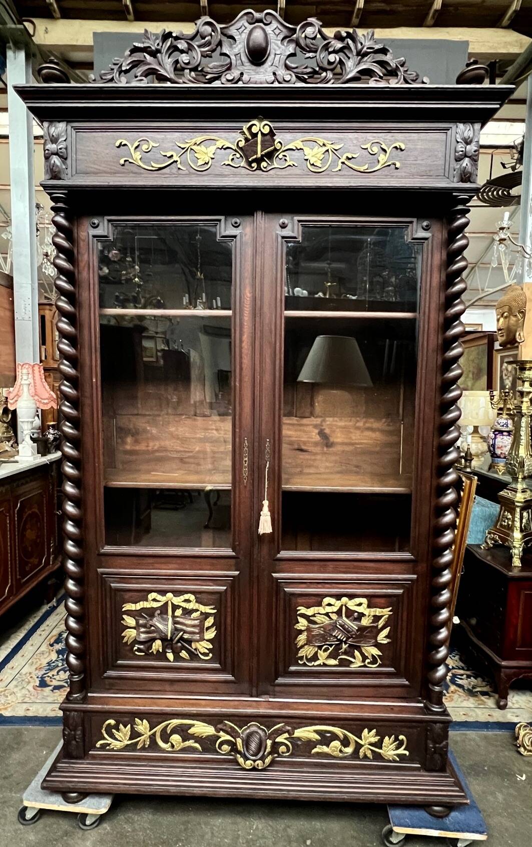 Bibliothèque Ancienne Napoléon III – Bois Noir Patiné, Laiton, 4 étagères