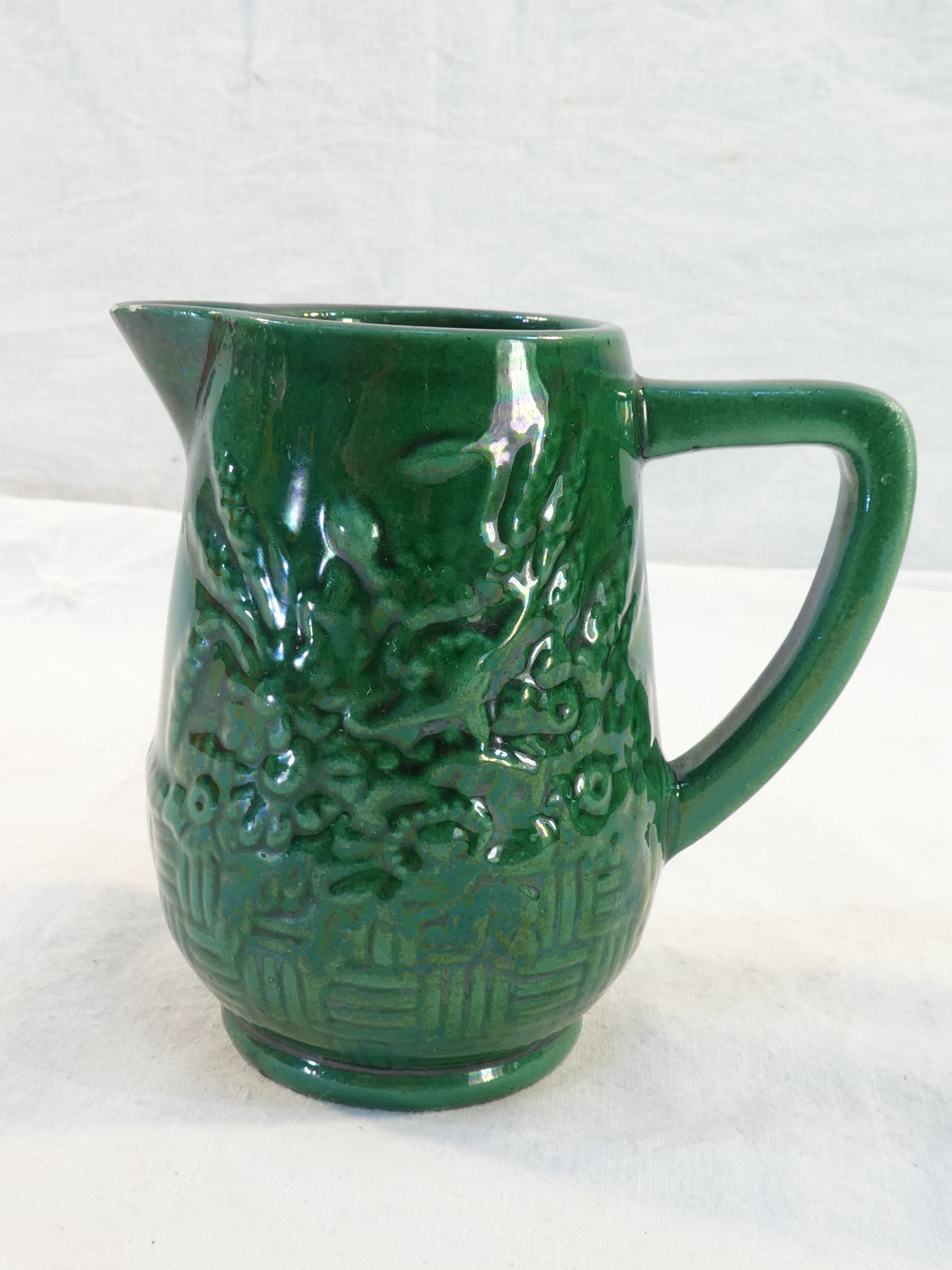 Old Little Vintage Green Pitcher in faience of ST CLEMENT flower basket decor
