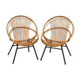 Paire de fauteuils coquille en rotin