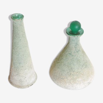Duo of flocked green glass vases