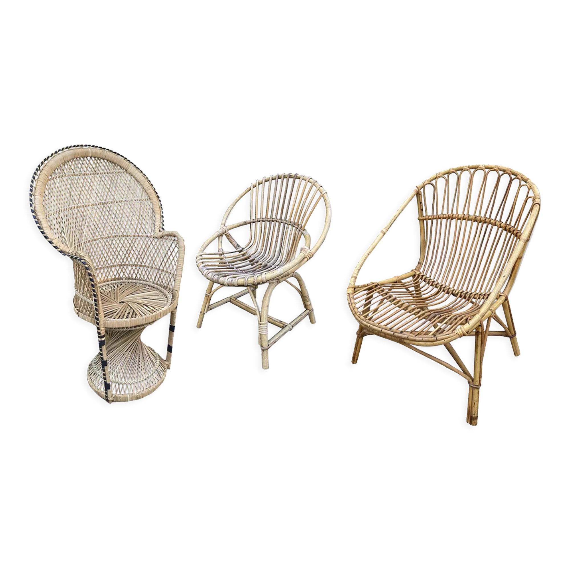 Set of 3 vintage rattan armchairs