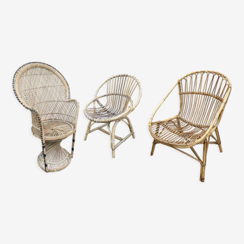 Lot de 3 fauteuils en rotin vintage