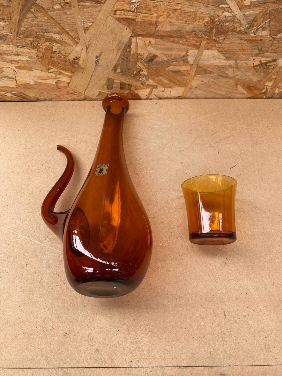 Old gat carafe service + 5 glasses molded orange glass 1970 vintage