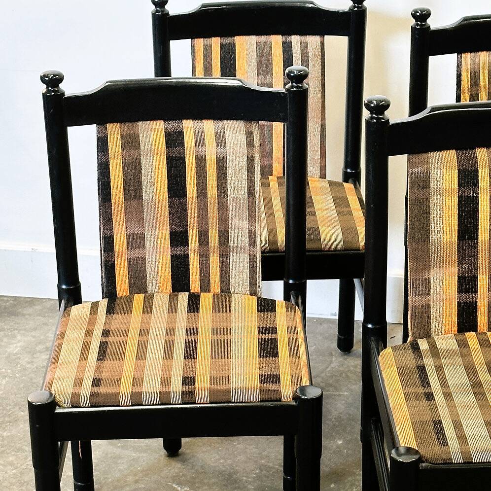 Set of 6 black lacquered chairs with the original 1970s fabric.