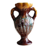 Flamed ceramic amphora vase with twisted handles.