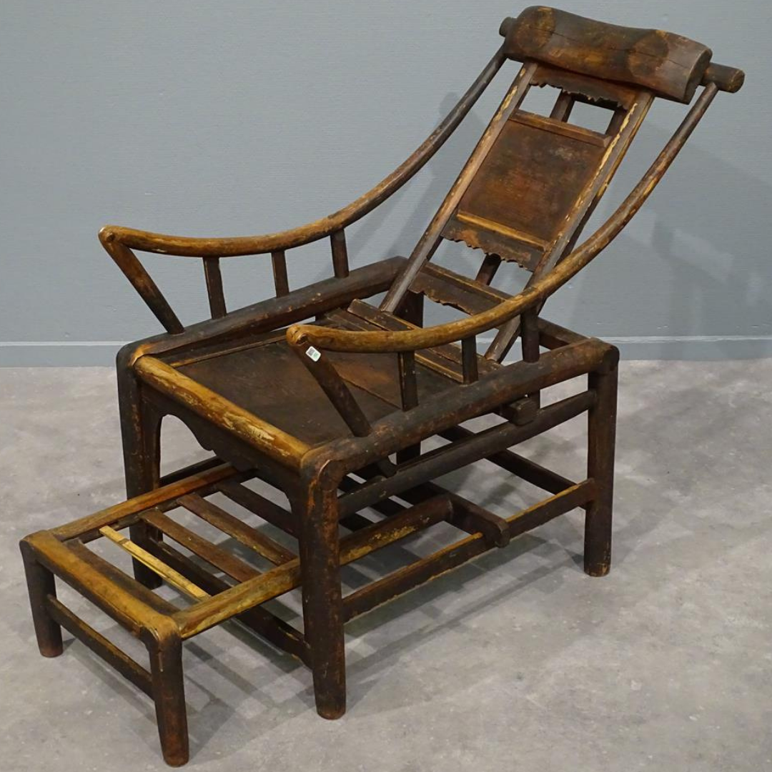 Original antique Chinese 19th century handcrafted bamboo lounge chair, ca 1860