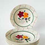Set of 6 soup plates with flowers and tiles Gien model "Esterel", 1950