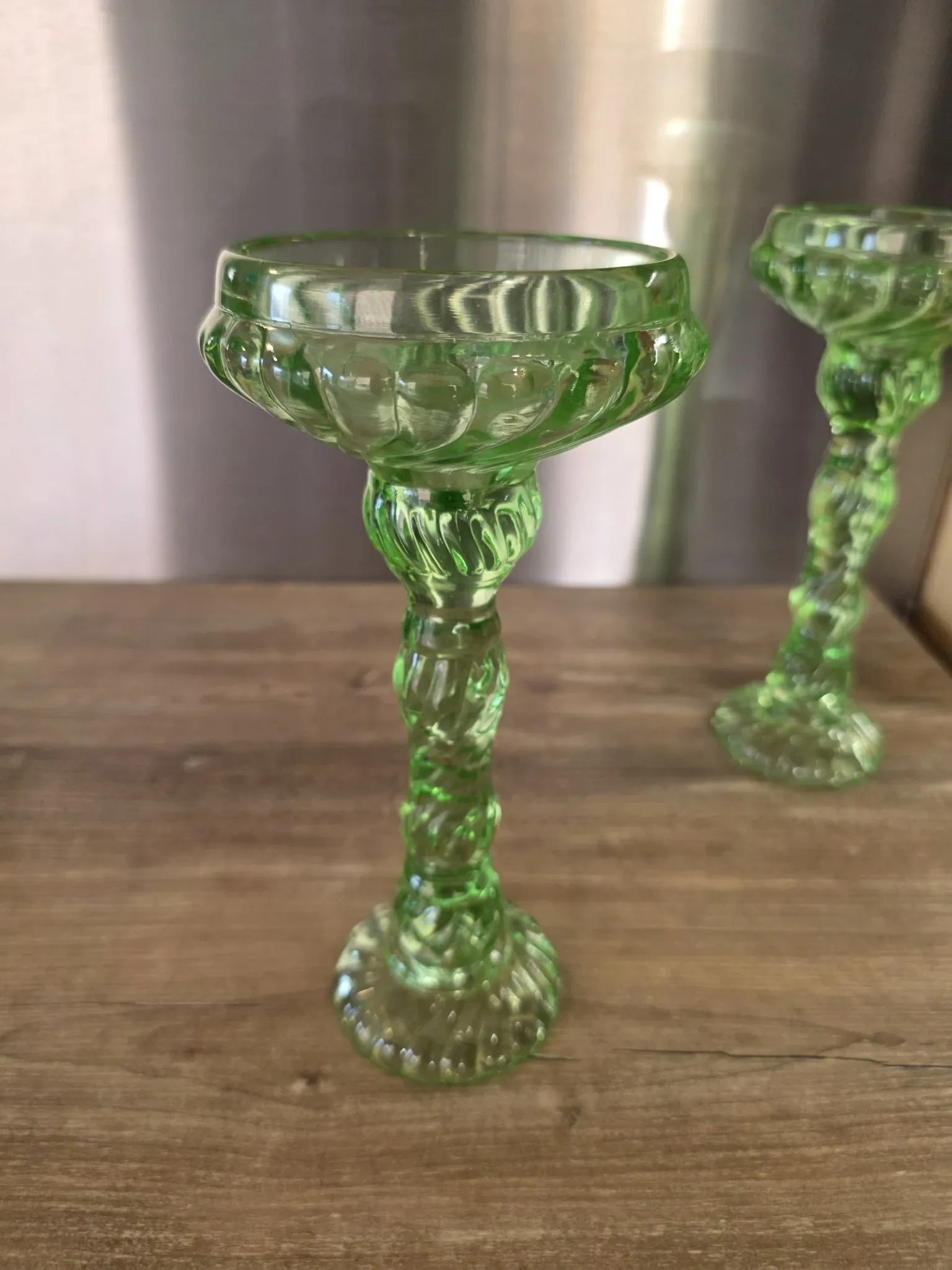 Pair of large Art Deco candlesticks / candle holders in moulded pressed glass.