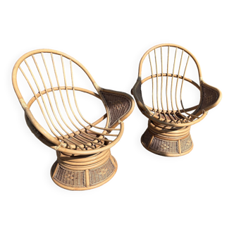 2 fauteuils pivotants vintage en bambou, milieu XXème