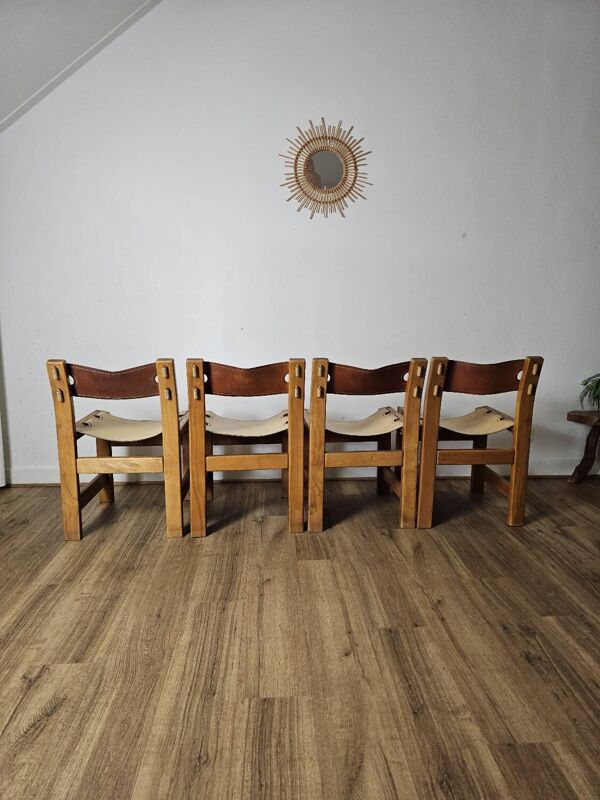 Chaises en orme massif et cuir crème , Maison Regain , circa 1960