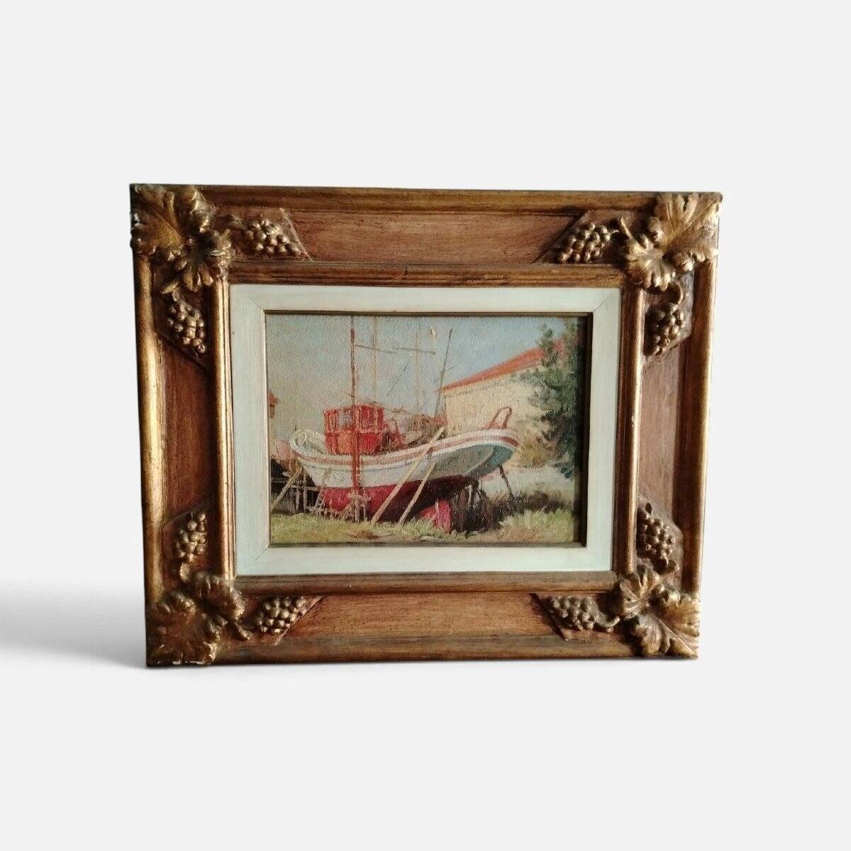 Marine Painting in Oil on Masonite, First Half of the 20th Century, Signed, Gilded Wooden Frame