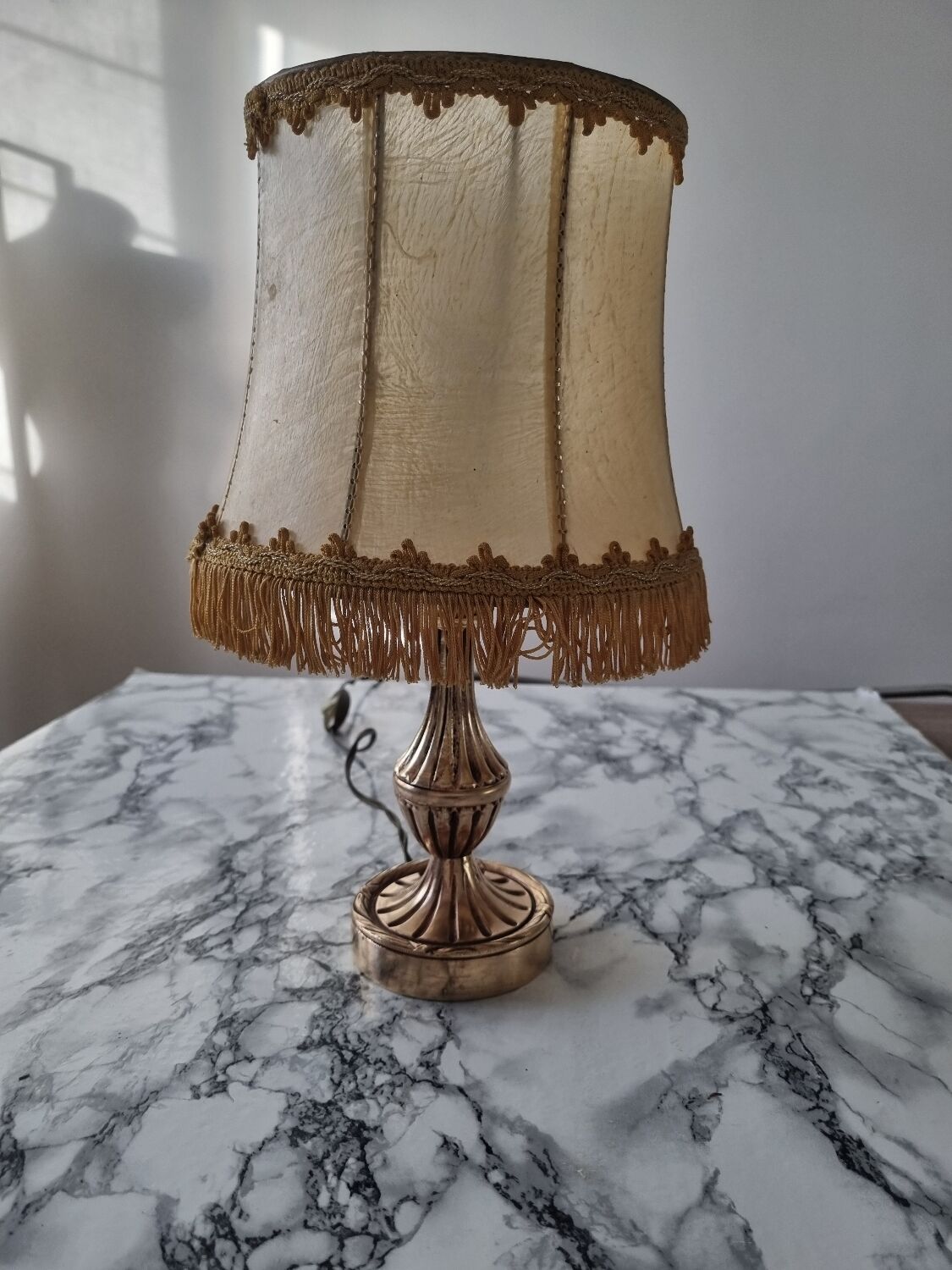 Brass lamp with vintage mother-of-pearl lampshade
