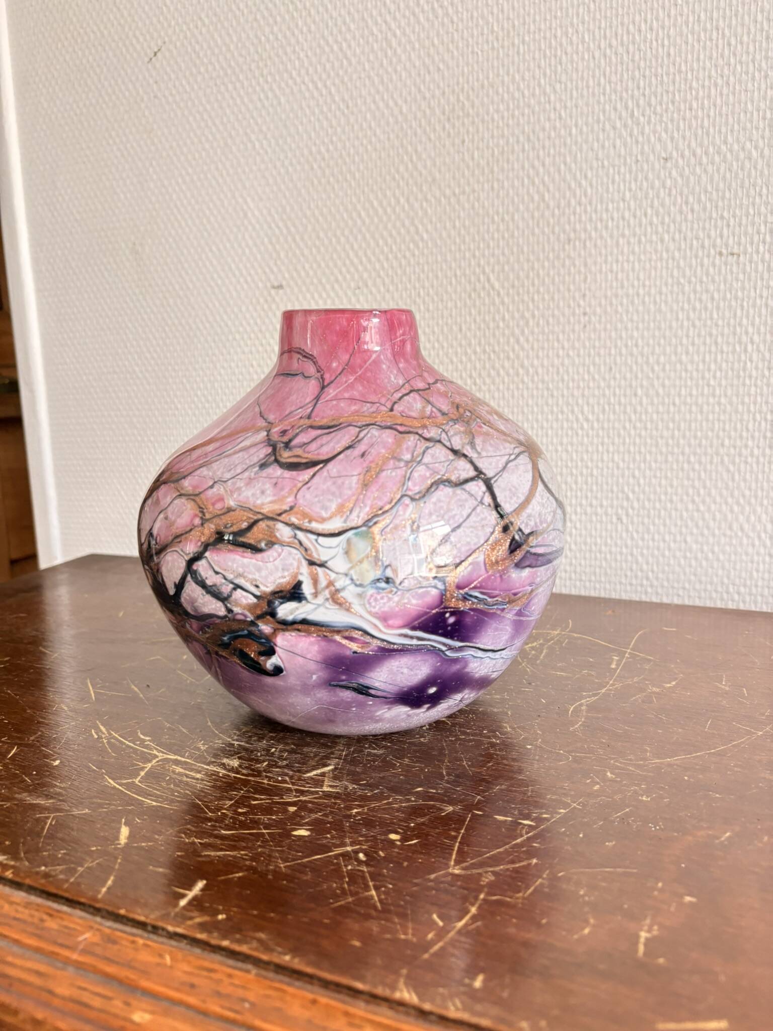Michele Luzoro Round Vase Biot Glassworks Blown Glass Rose Gold Inclusion