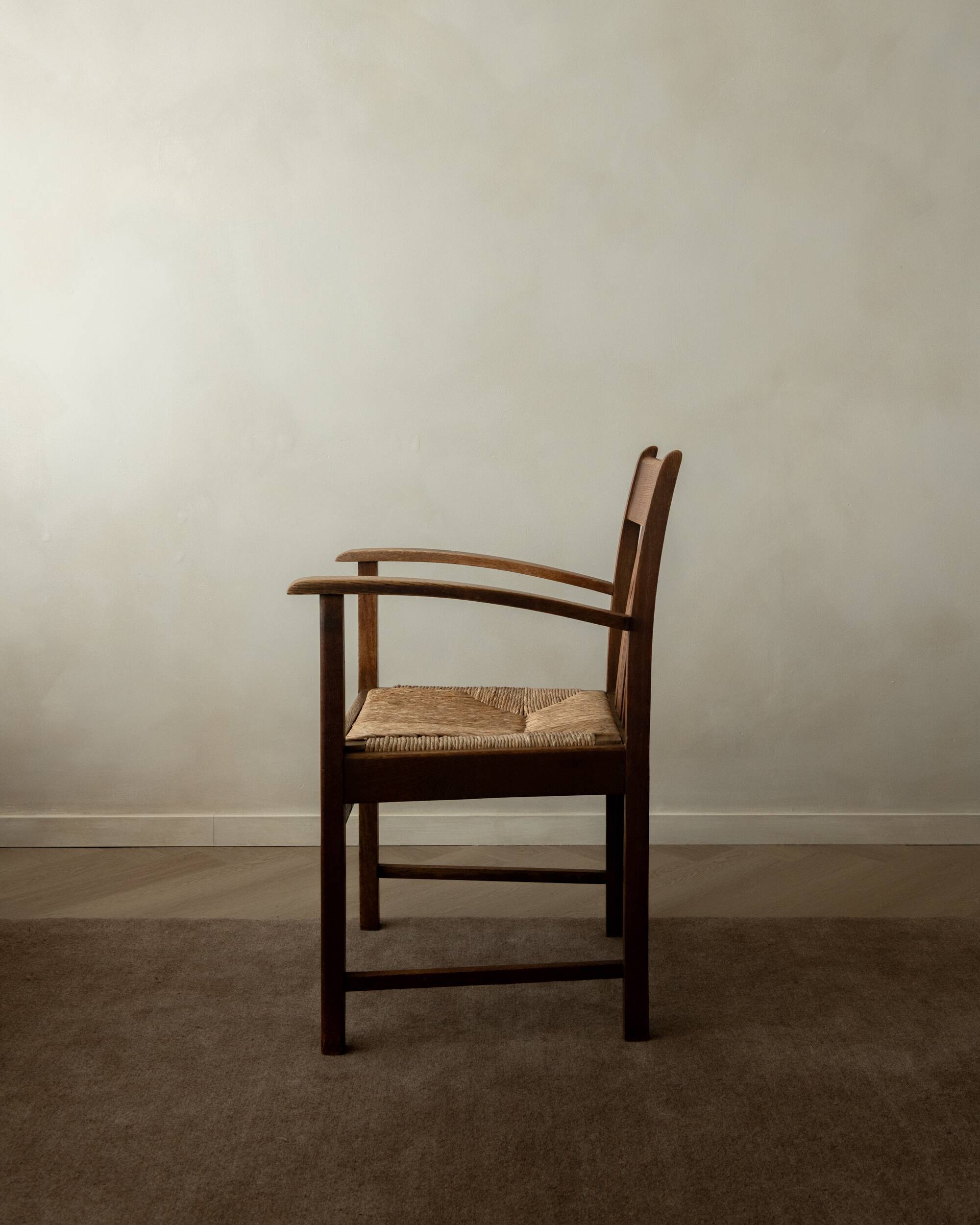 Dutch Art Deco Oak and Rush Armchair, Amsterdam School, 1920s