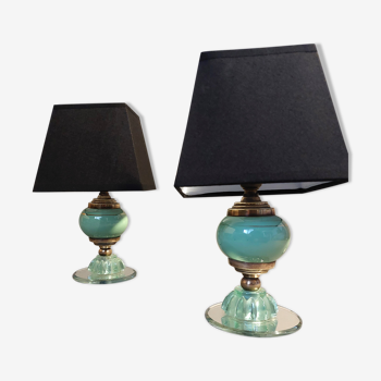 Pair of green opaline bedside lamps, venice glass and gilded brass Italy 1940.