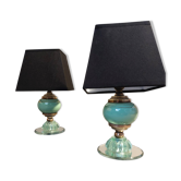 Pair of green opaline bedside lamps, venice glass and gilded brass Italy 1940.