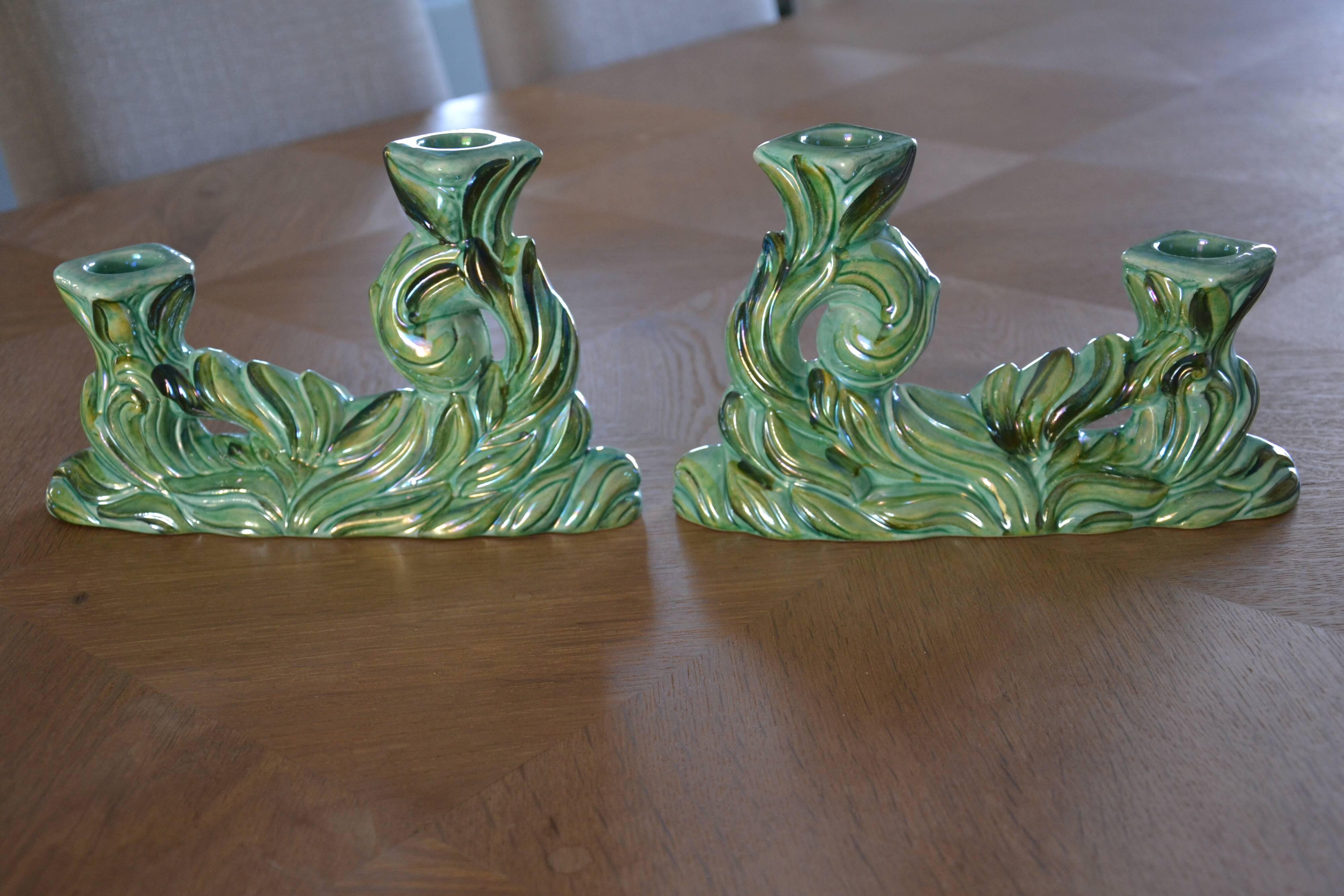 Pair of iridescent green ceramic Art Deco candlesticks