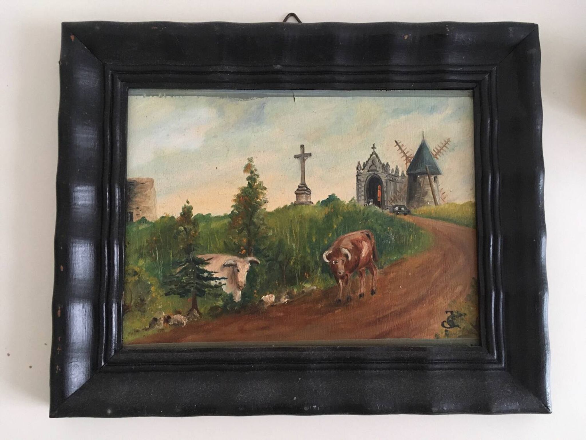 Tableau ancien paysage de campagne