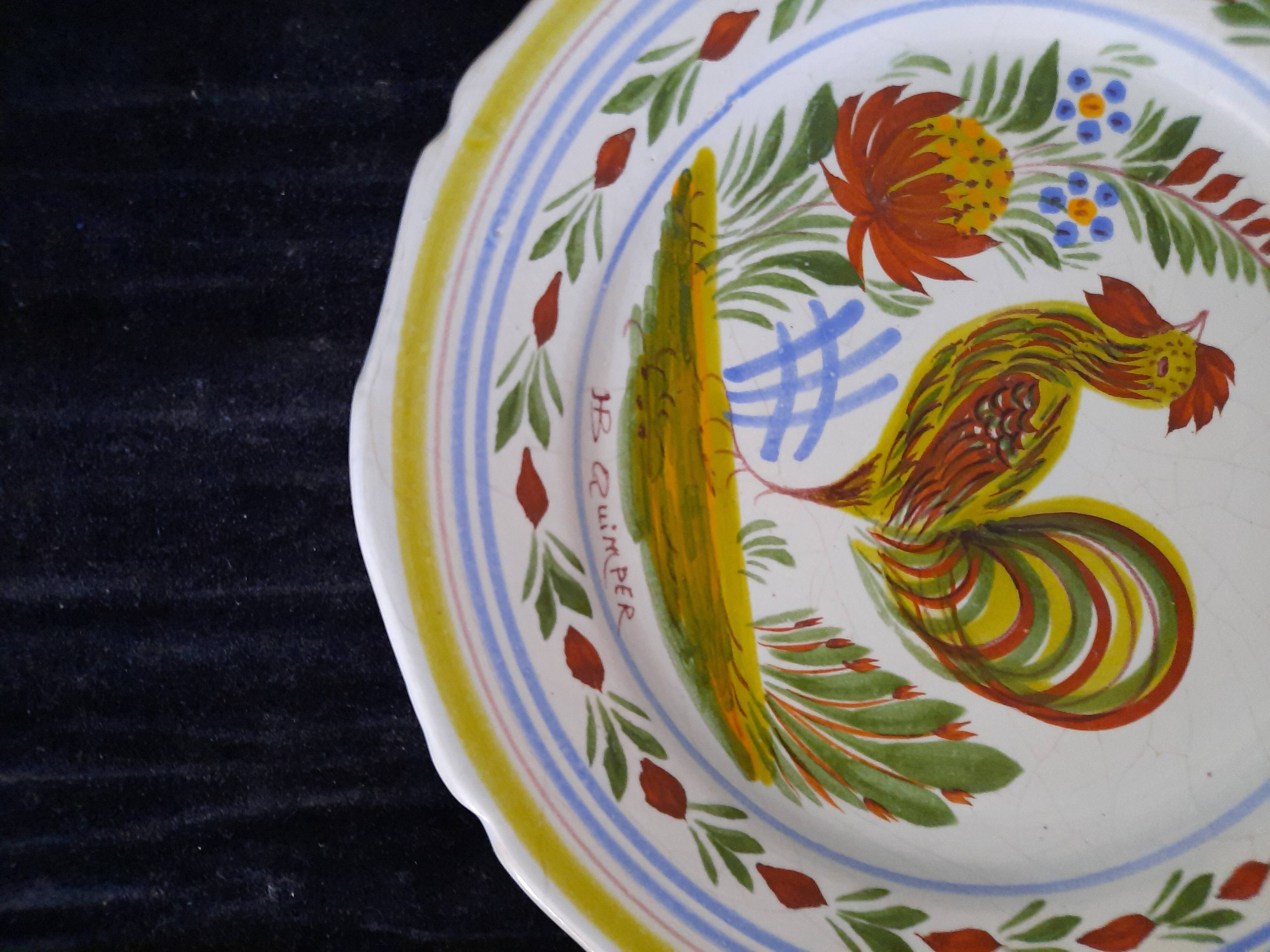 Old HB Quimper Plate Traditional Hand-Painted Rooster Decoration Earthenware 25cm