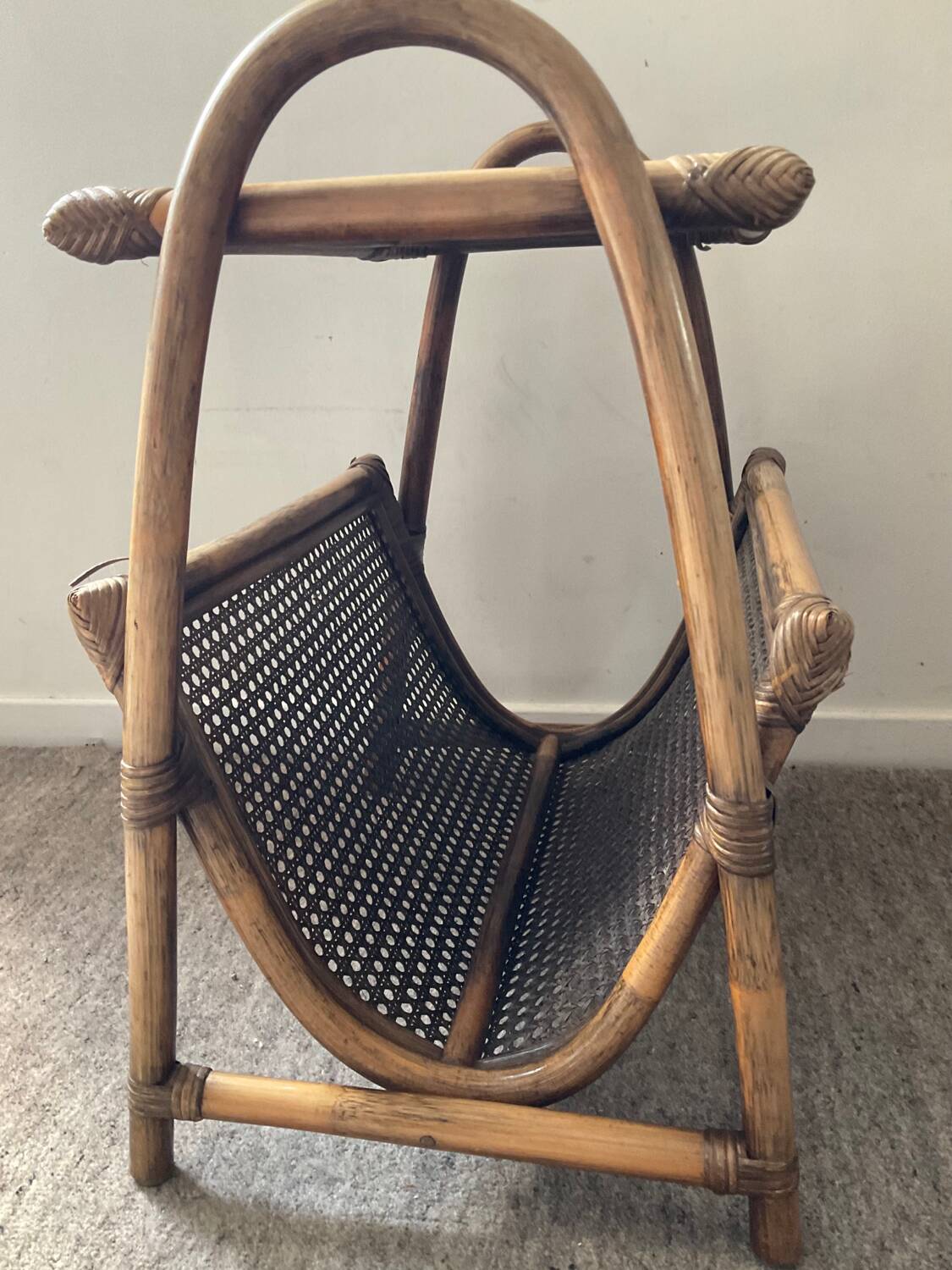 Vintage rattan side table with magazine holder