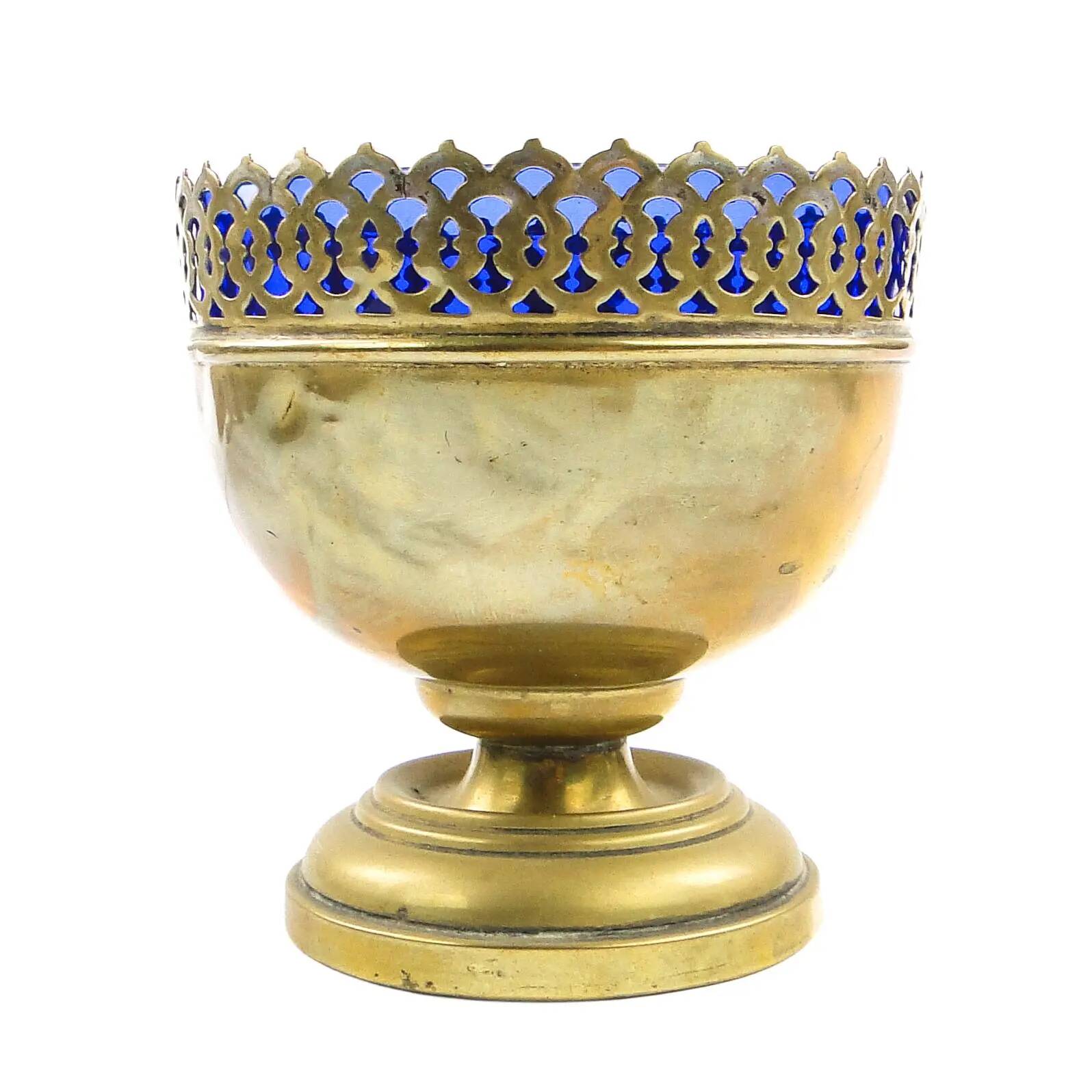 Art Nouveau sugar bowl, brass, cobalt glass, Sweden, early 20th century