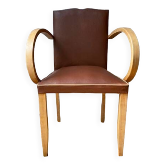 fauteuil bridge à dossier "moustache" - Années 50 -Tapisserie en simili cuir chocolat