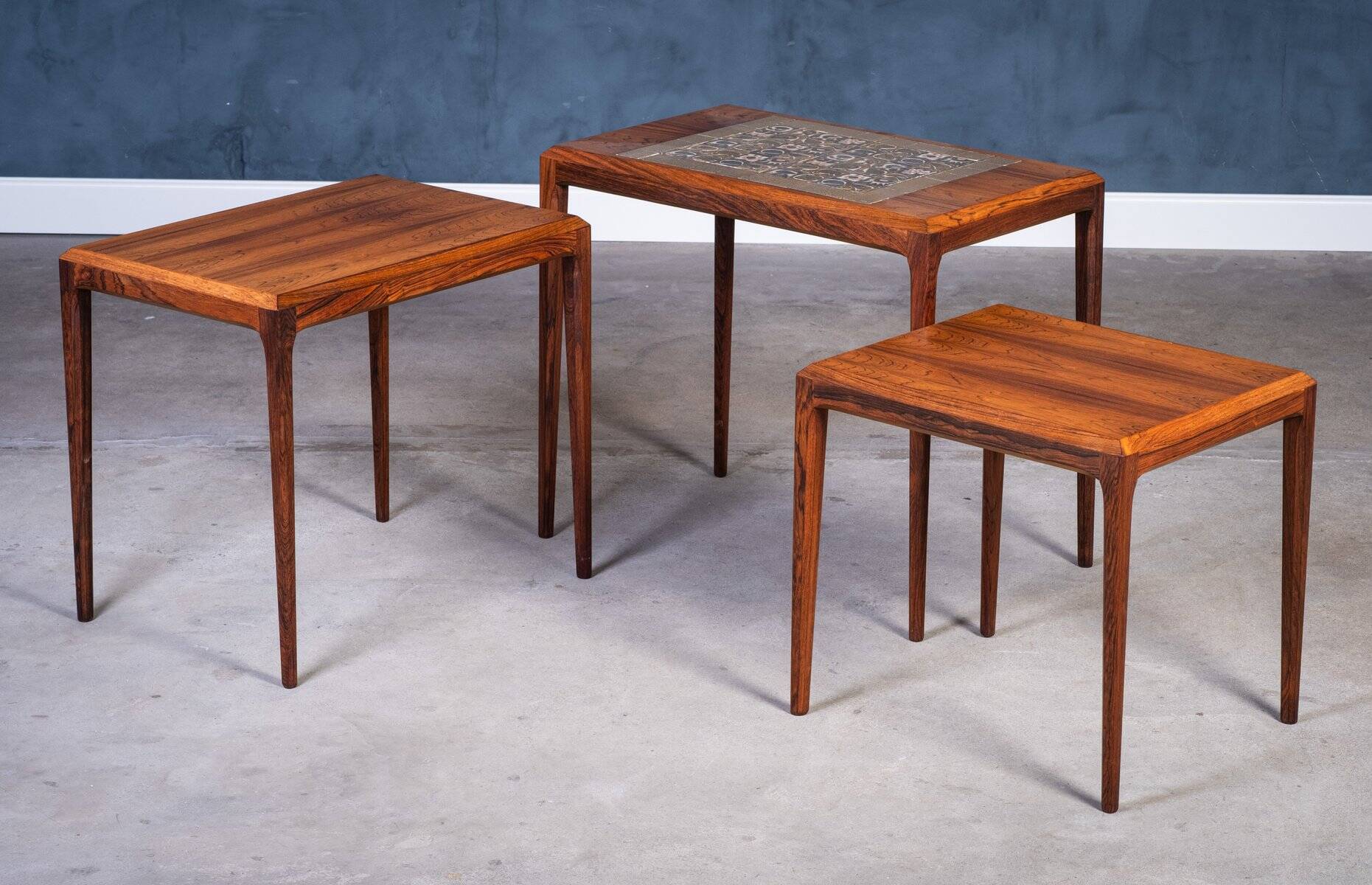Nest Tables in Rosewood with Tiles by Johannes Andersen for CFC Silkeborg, Denmark, 1960s, Set of 3
