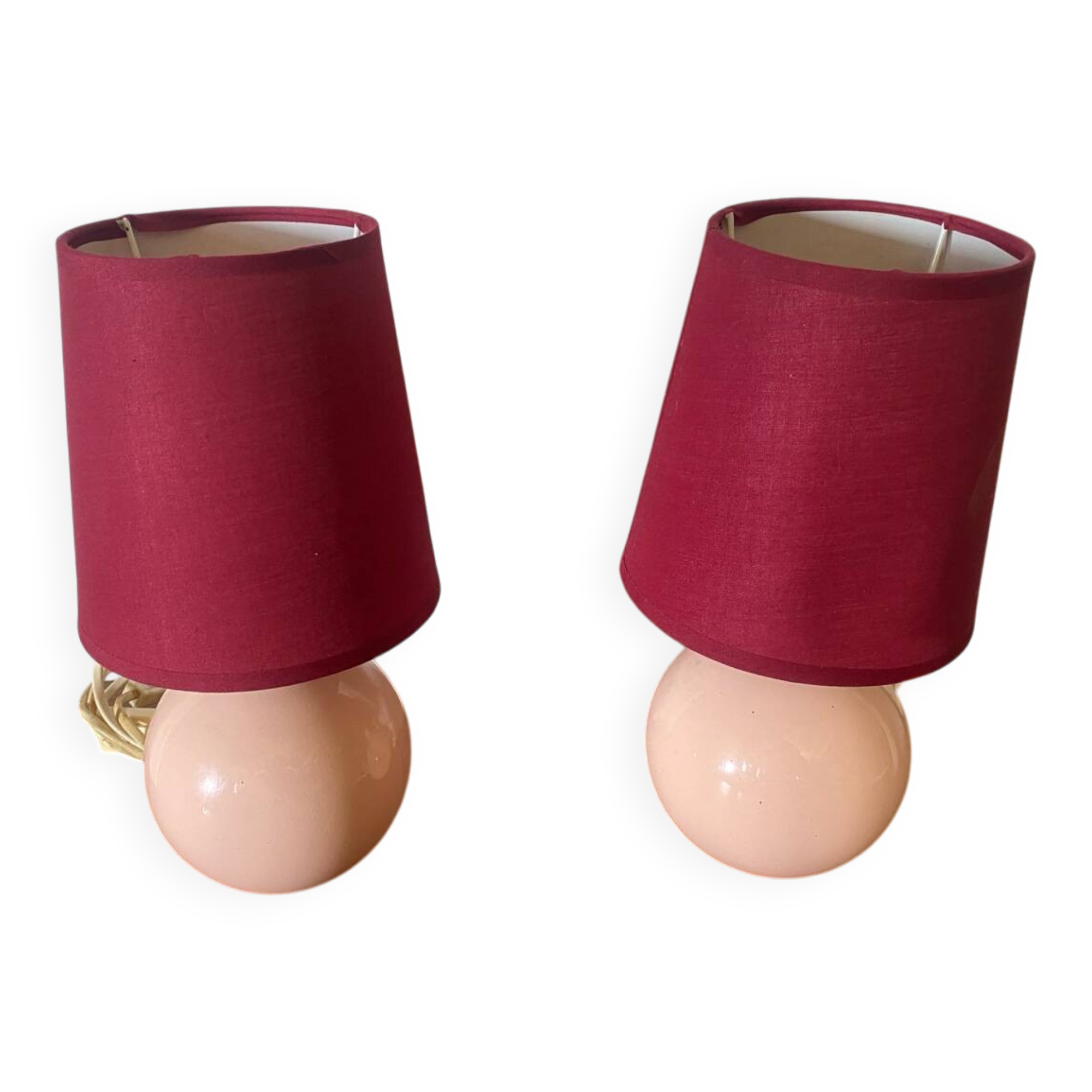 Pair of antique de schuytener opaline pink ball vintage bedside lamps