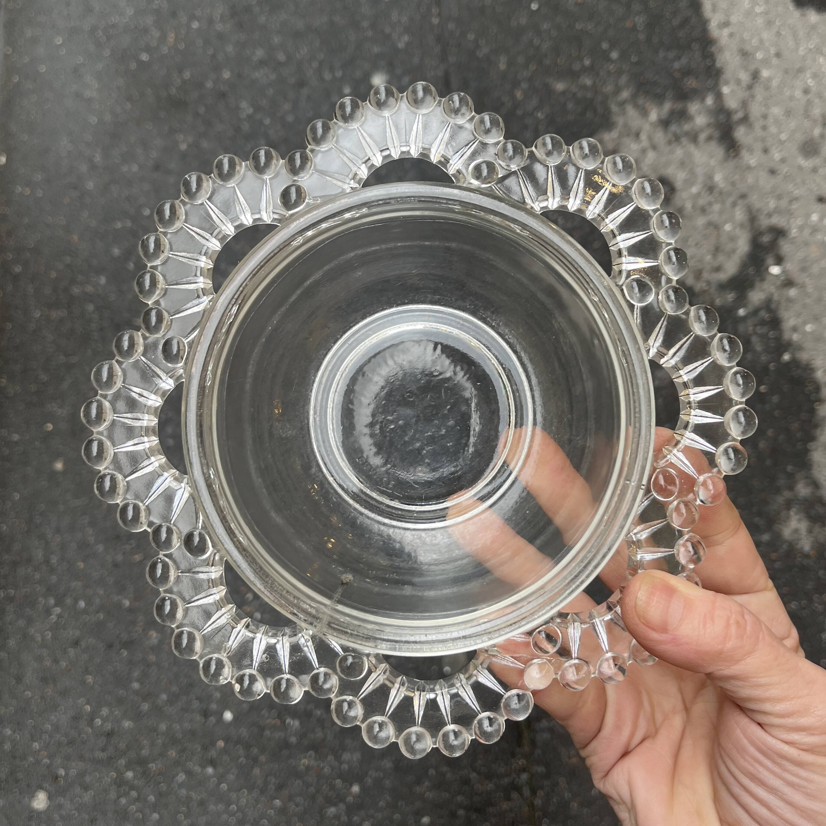 Glass salad bowl with beaded rim, 1900, Art Deco glass salad bowl in the shape of a flower