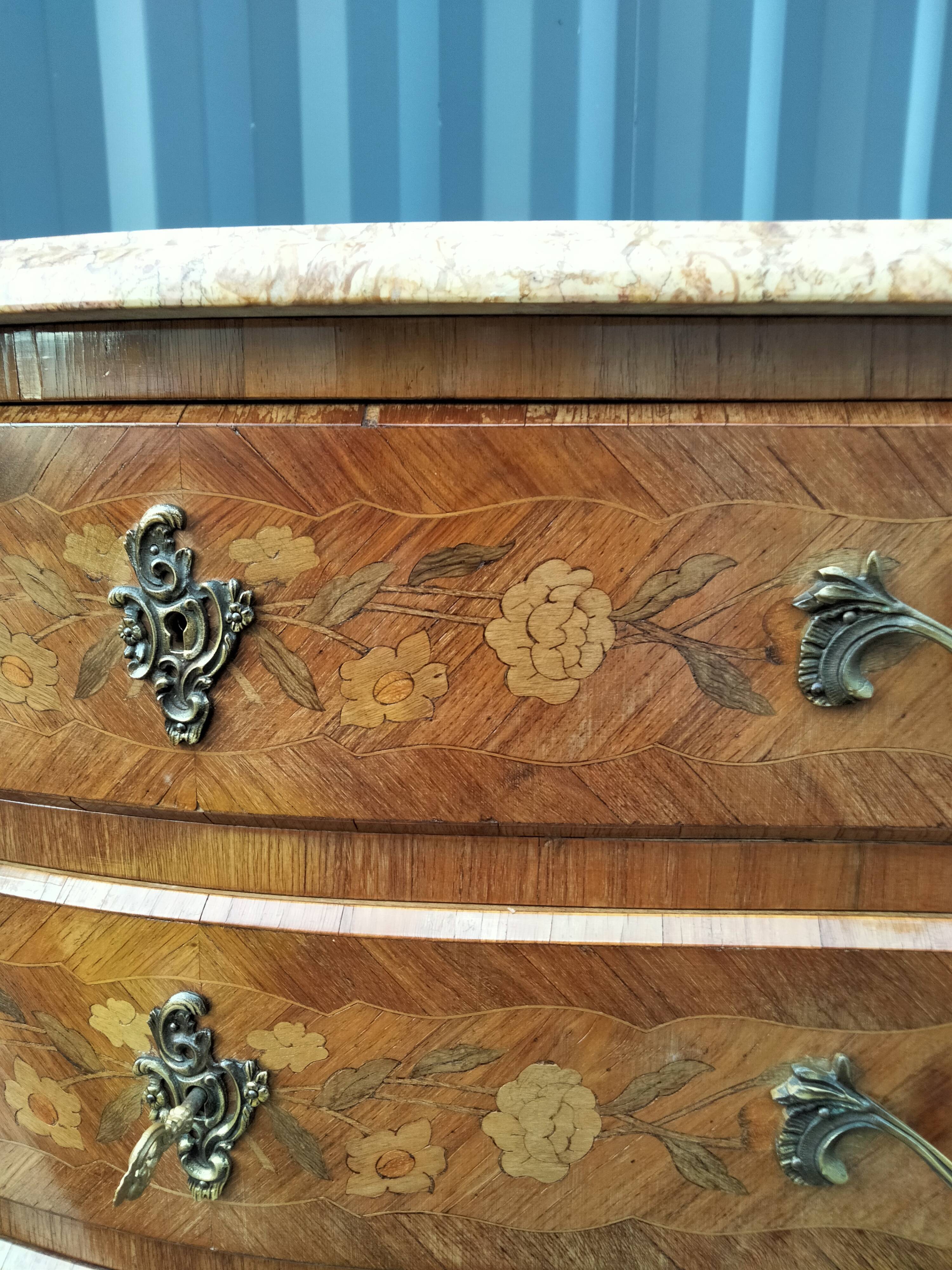 Chest of drawers old marquetry marble top Louis XV style