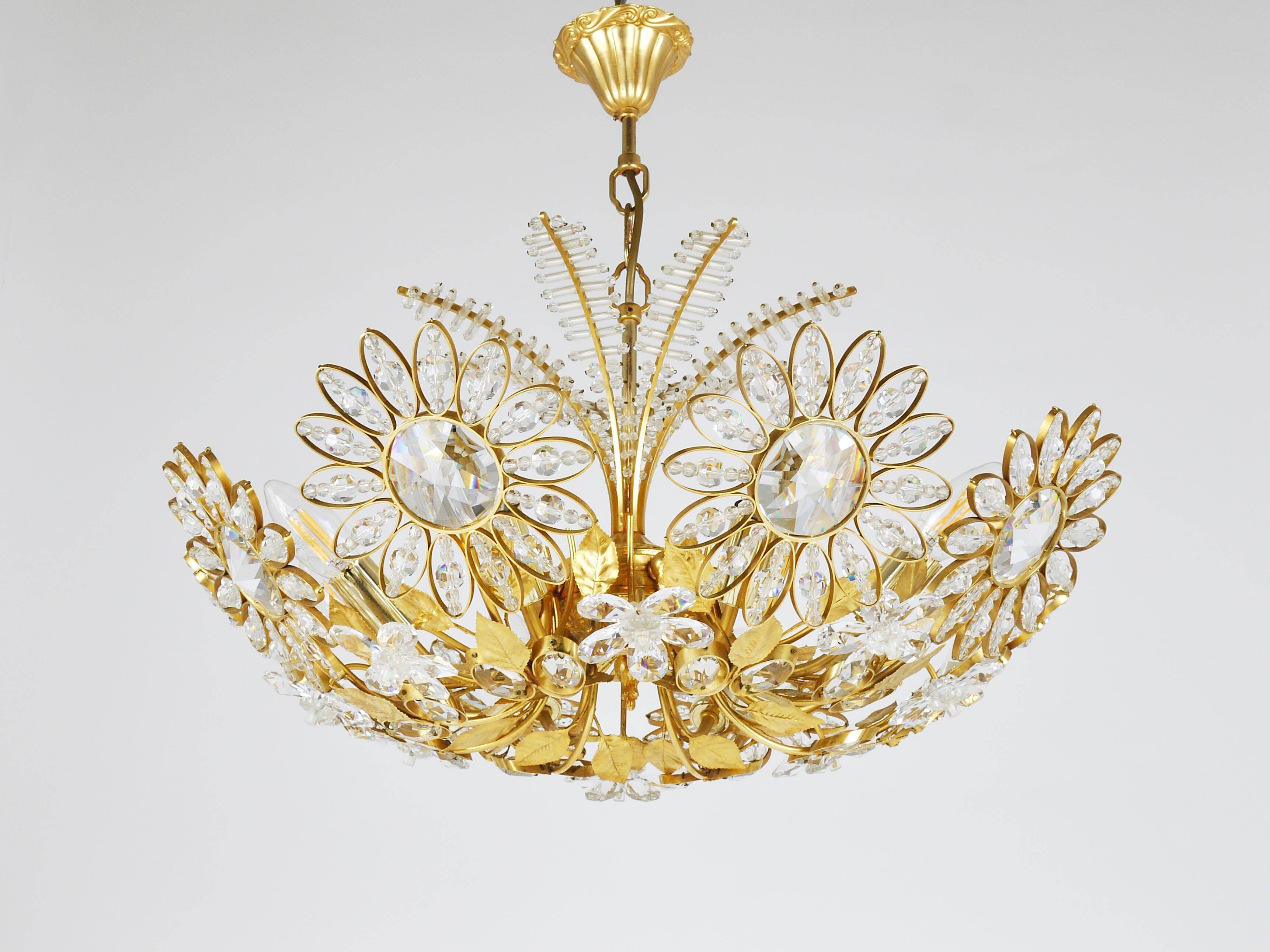 Ernst Palme Grand Chandelier Palm Tree Flower Palwa, Gilded Brass, Crystals, 1970s