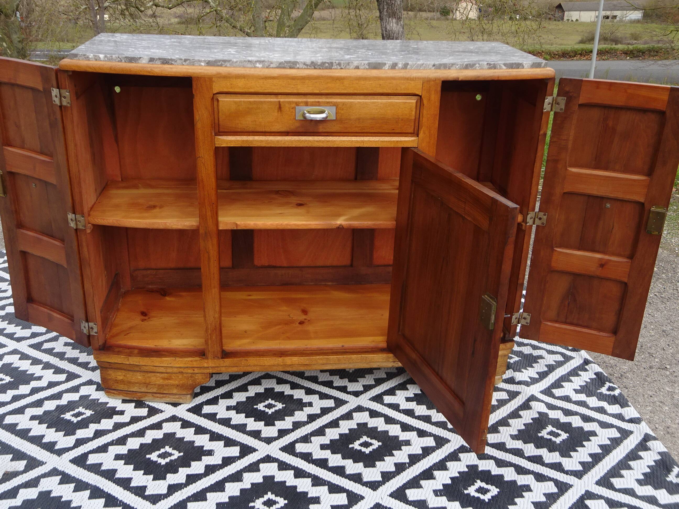 Narrow sideboard, art deco in light walnut, gray marble top