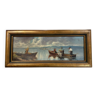 Gabrielle Rainer : tableau huile sur panneau / les pecheurs