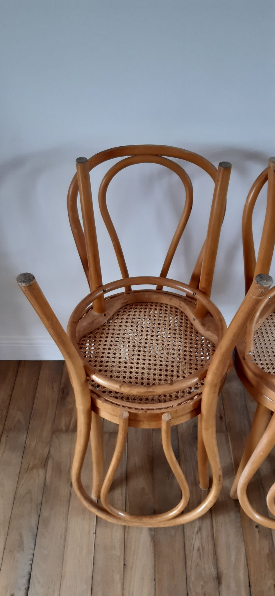 Set of 4 bistro chairs in turned wood and cannage rattan 50s