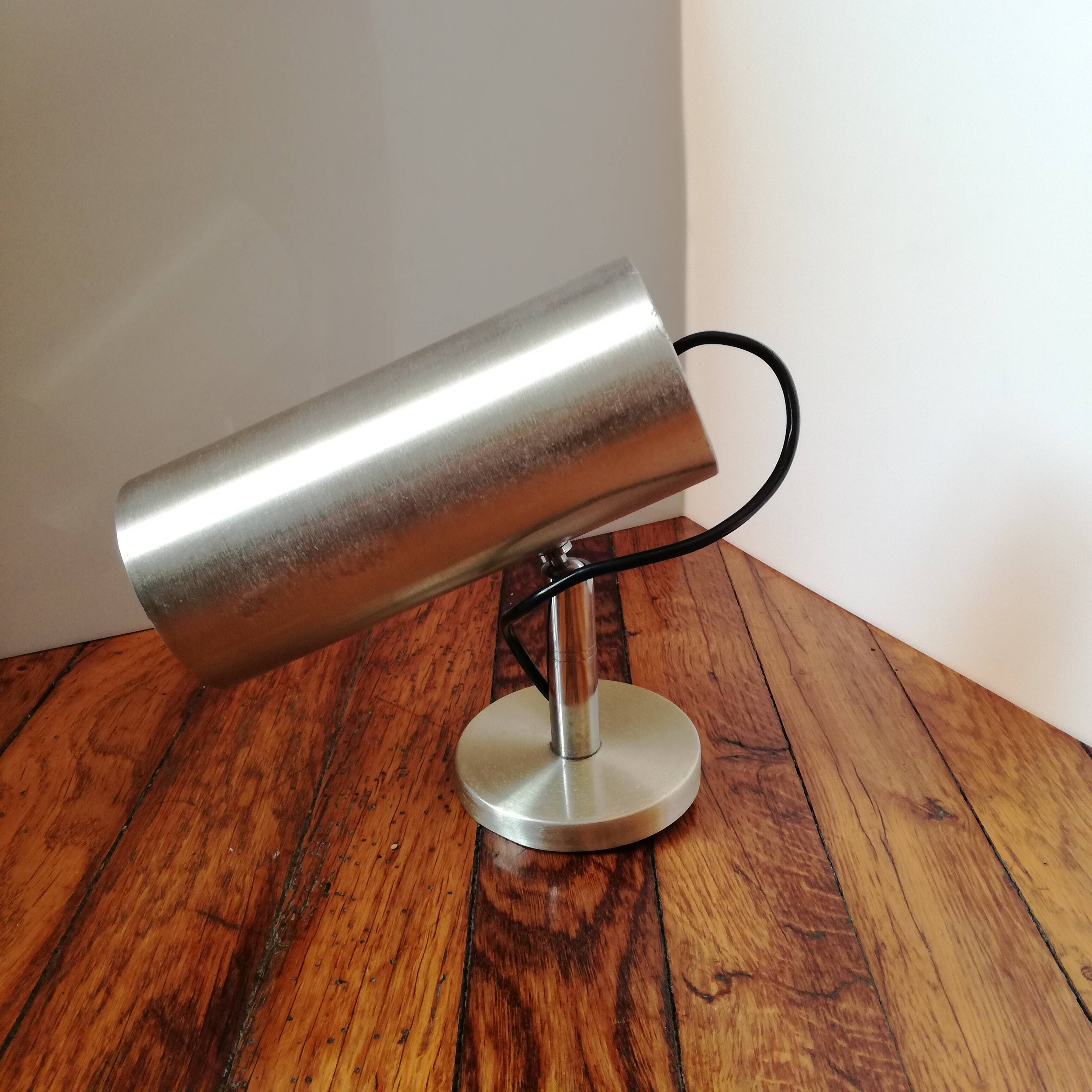 Cylindrical and adjustable wall spotlight in brushed stainless steel, 1970s