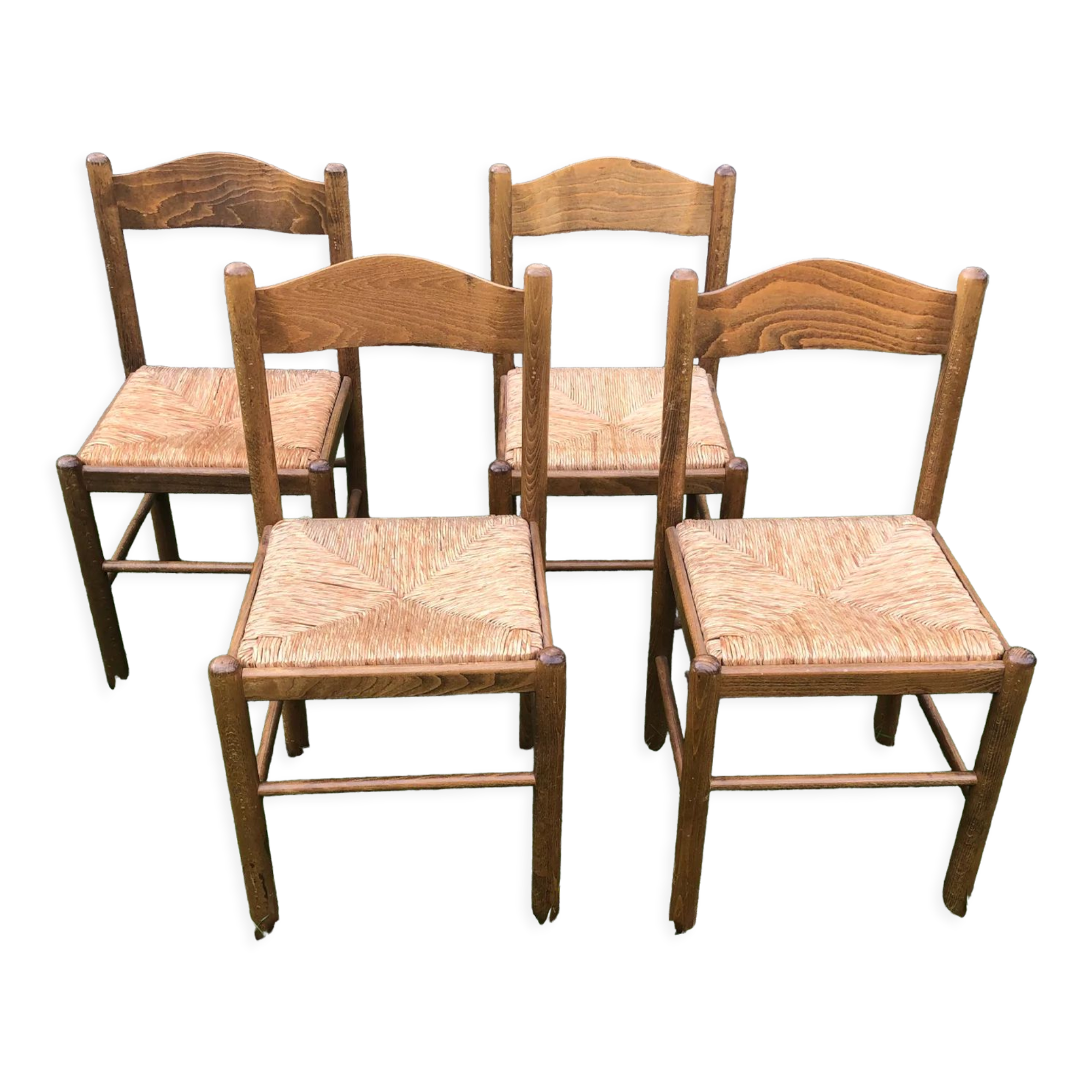 4 wood and straw chairs