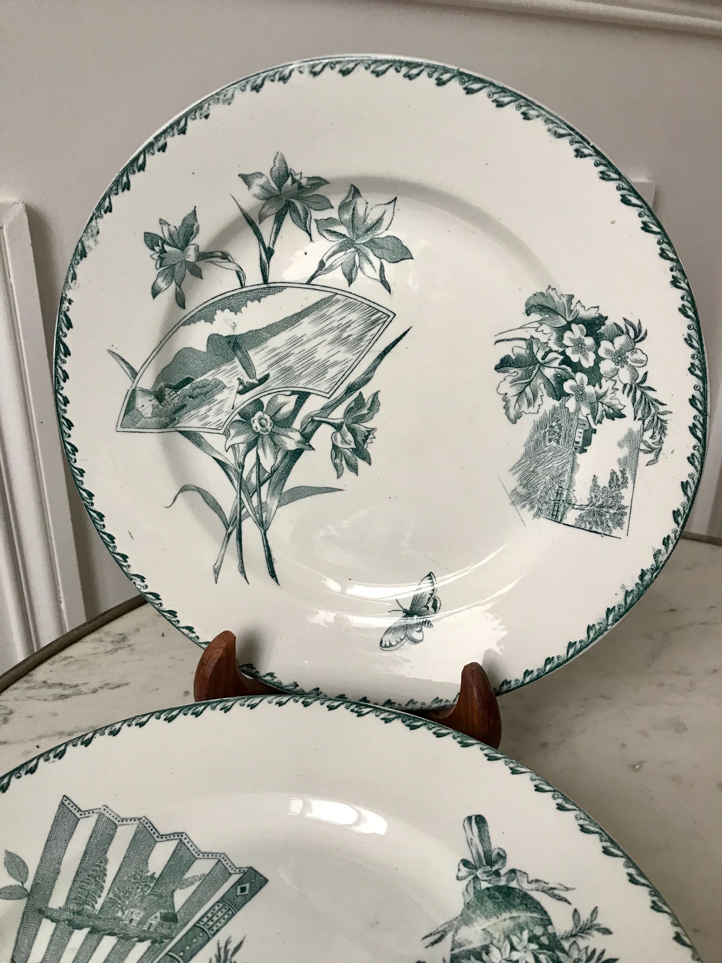 Set of 6 flat plates terre de fer saint-amand model "cartels" xixth
