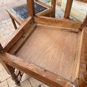Set of 6 antique turned wooden chairs with embossed leather seats.