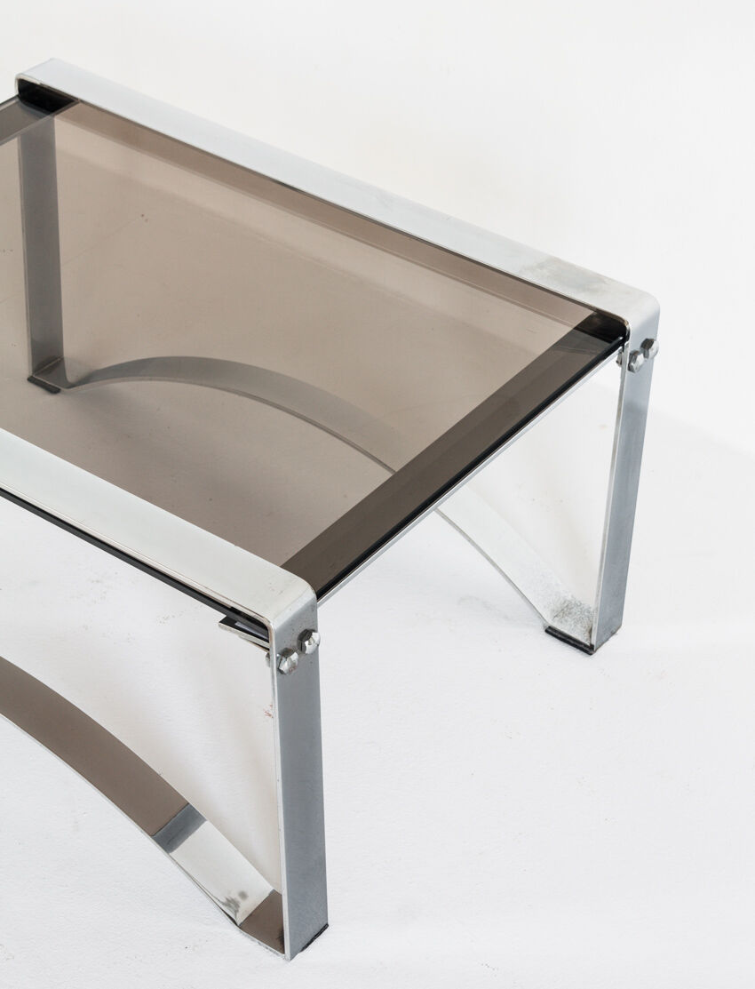Vintage coffee table in chromed metal and glass, France 1970
