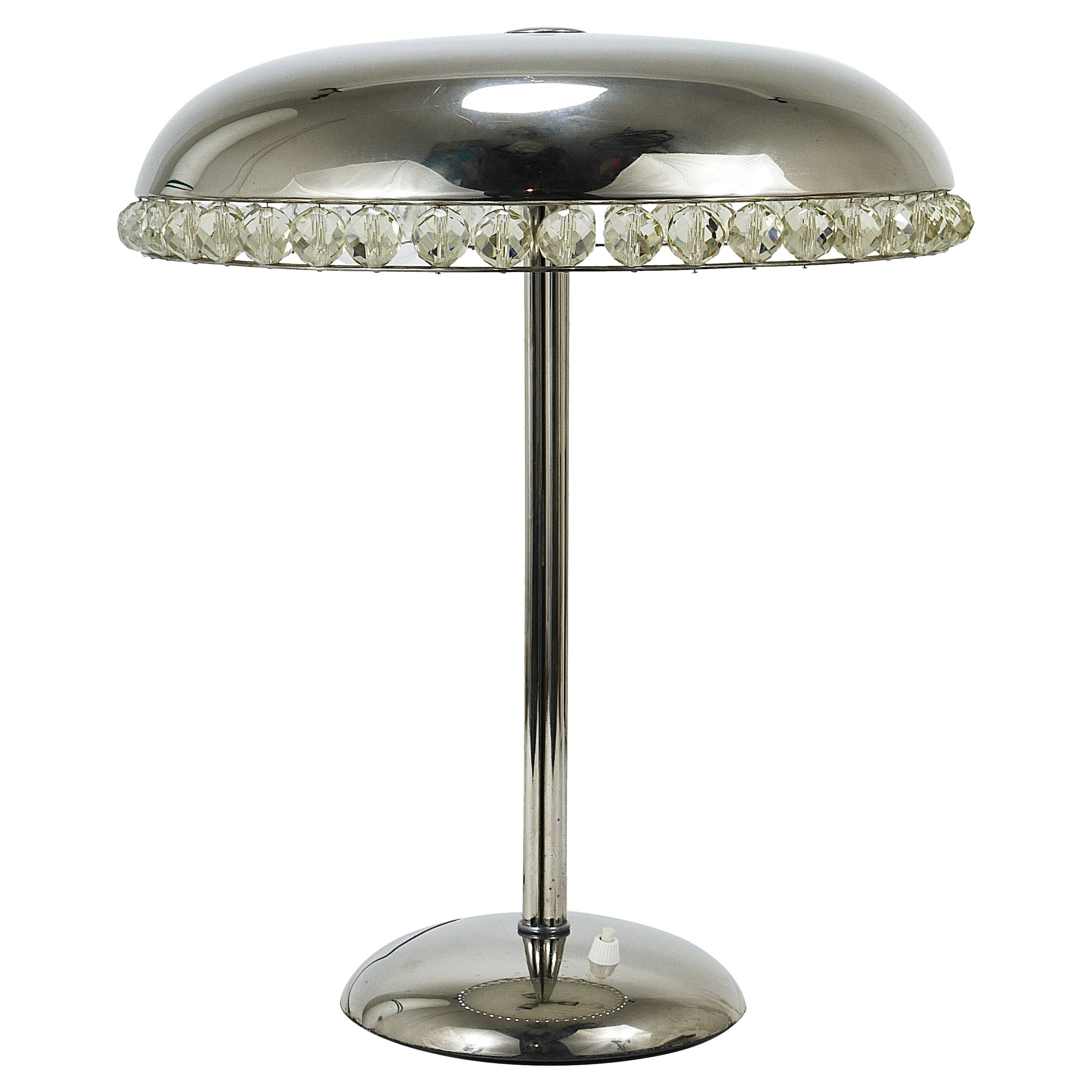 Mushroom Table Lamp in Nickel and Crystal Bakalowits Vienna, Austria, 1950s