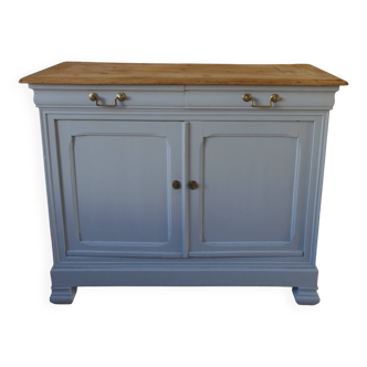 Vintage sideboard enhanced in cloud gray, pitch pine top.