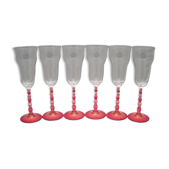 6 colored glass champagne flutes