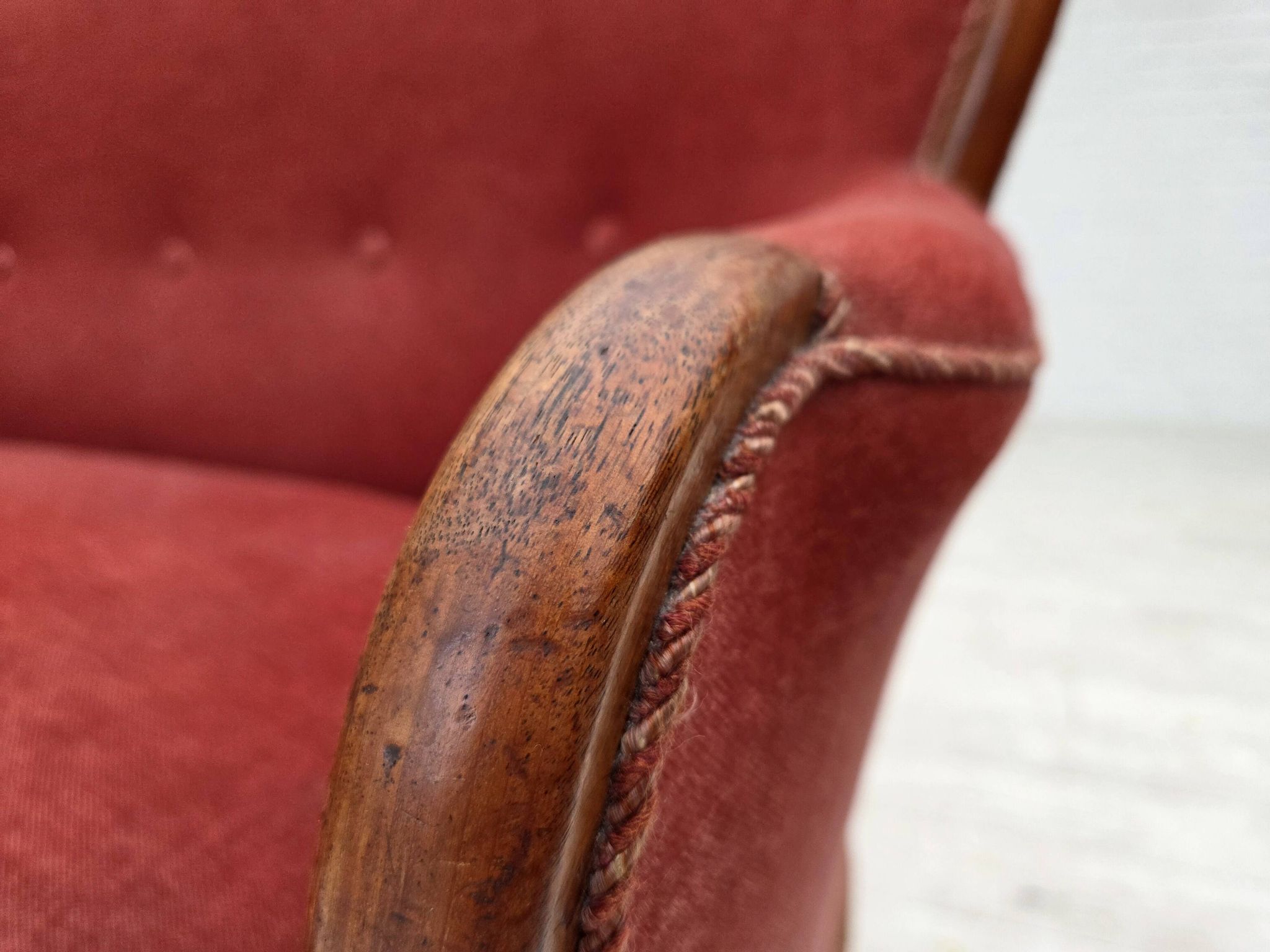 1930s, Danish 2-seater sofa, salmon pink furniture velour, ash wood.