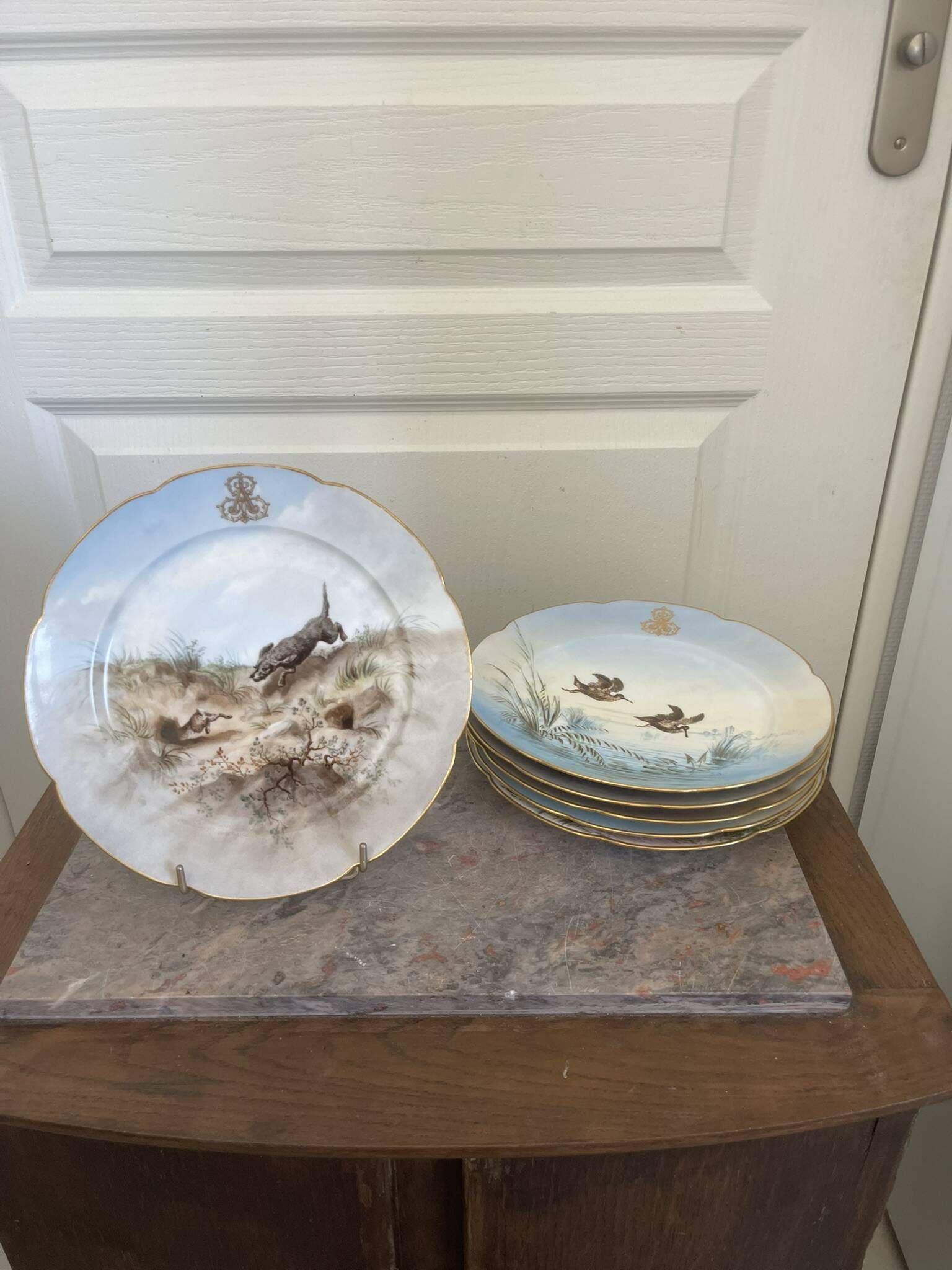 Antique 6x Sèvres Porcelain Plates Lahore & Basket 19th Century Hunting