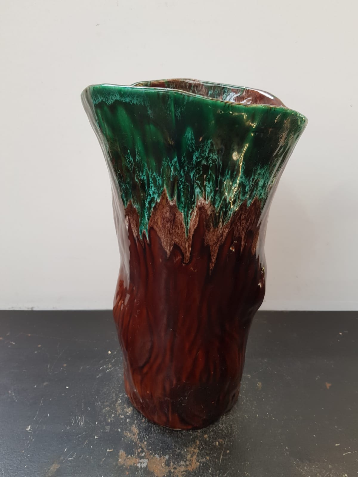 Old Ceramic Vase Form Trunk Brown Green Drips Vintage
