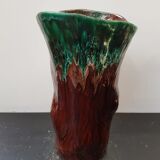 Vase céramique forme tronc marron coulures vertes vintage