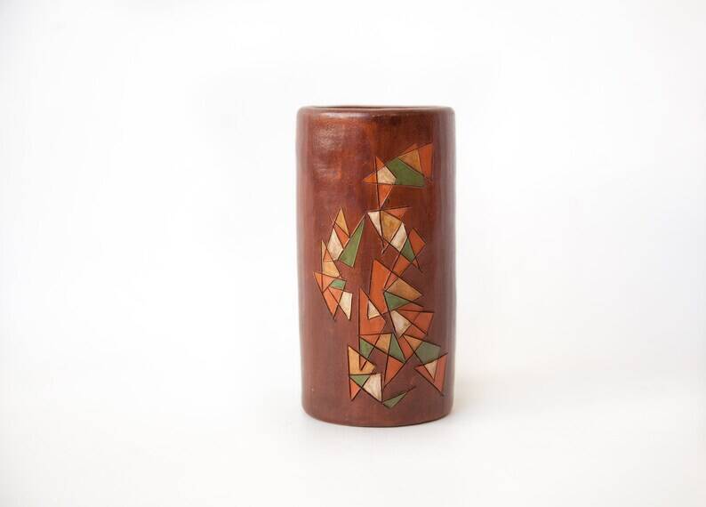 Cylindrical signed vase, pottery, modernist, hand painted, decorative vase, interior decor